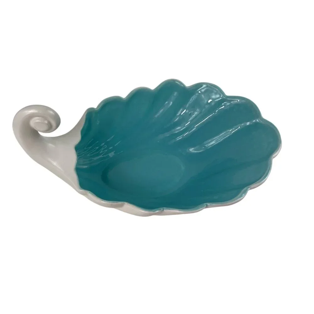 West Coast Pottery 202 California Shell Shaped White Turquoise Ceramic Bowl - Picture 12 of 13